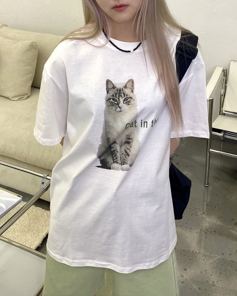 [오늘출발] 인더스 고양이 프린팅 루즈핏 반팔 티셔츠