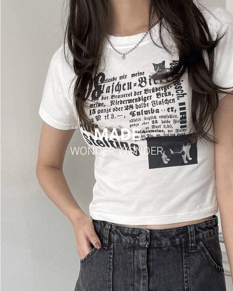 [5천장 판매/MADE] 네코 빈티지 고양이 프린팅 크롭 반팔 티셔츠
