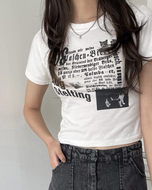 [MADE] 네코 빈티지 고양이 프린팅 크롭 반팔 티셔츠